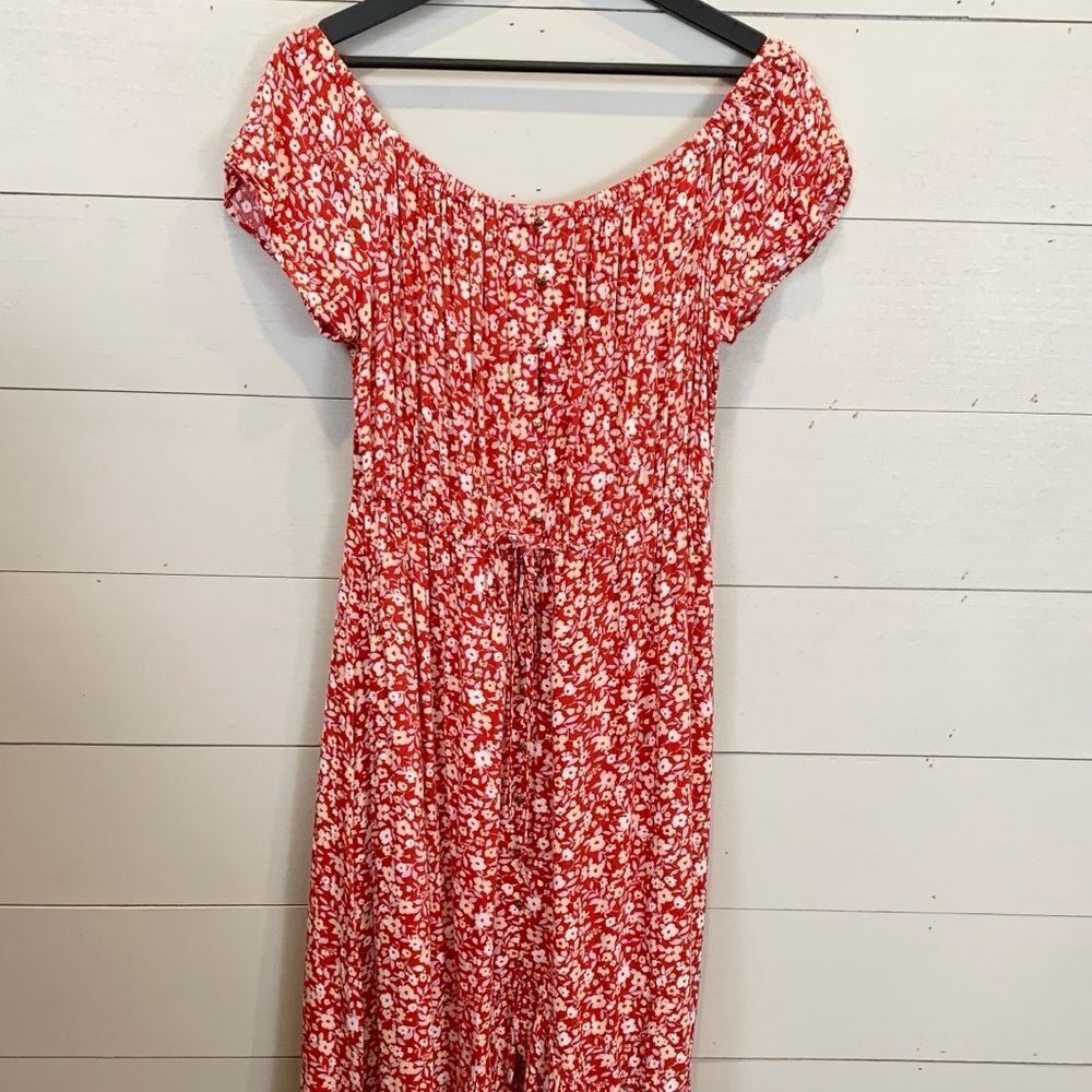 Indigo Rose Red Floral Off-Shoulder Dress button front high-low size large